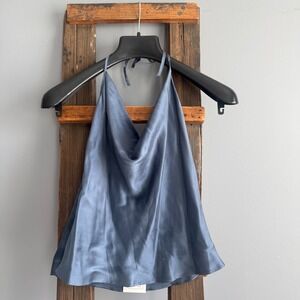 CHLOE DAO Colina Top Womens 100% Silk NWT Blue Gray Cowl Neck Halter Size M Boho